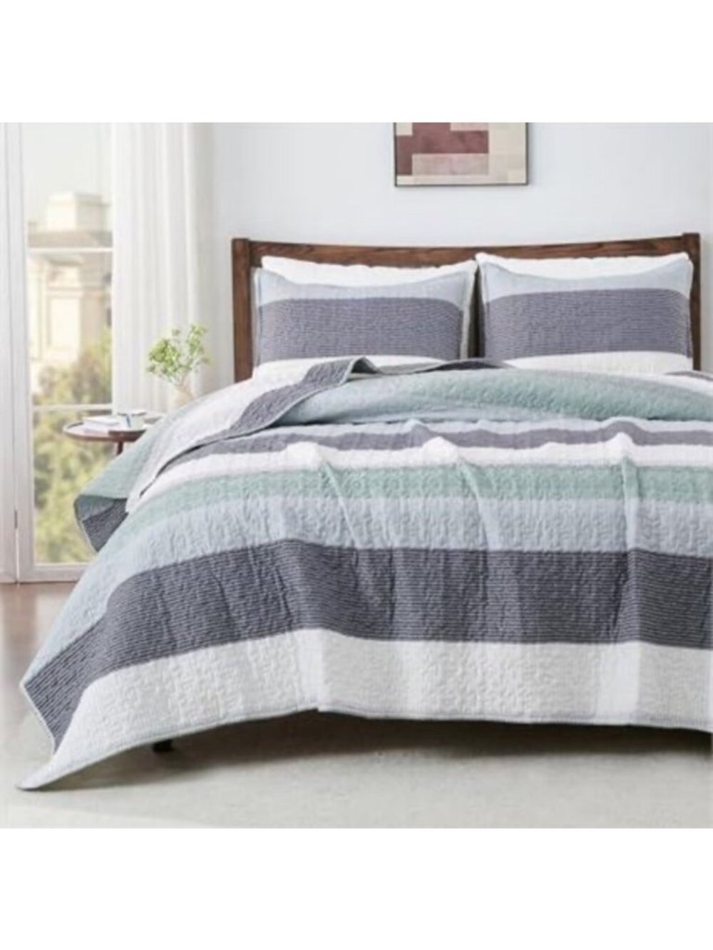 Striped Cotton Twin XL Quilt - Gray White & Mint Green